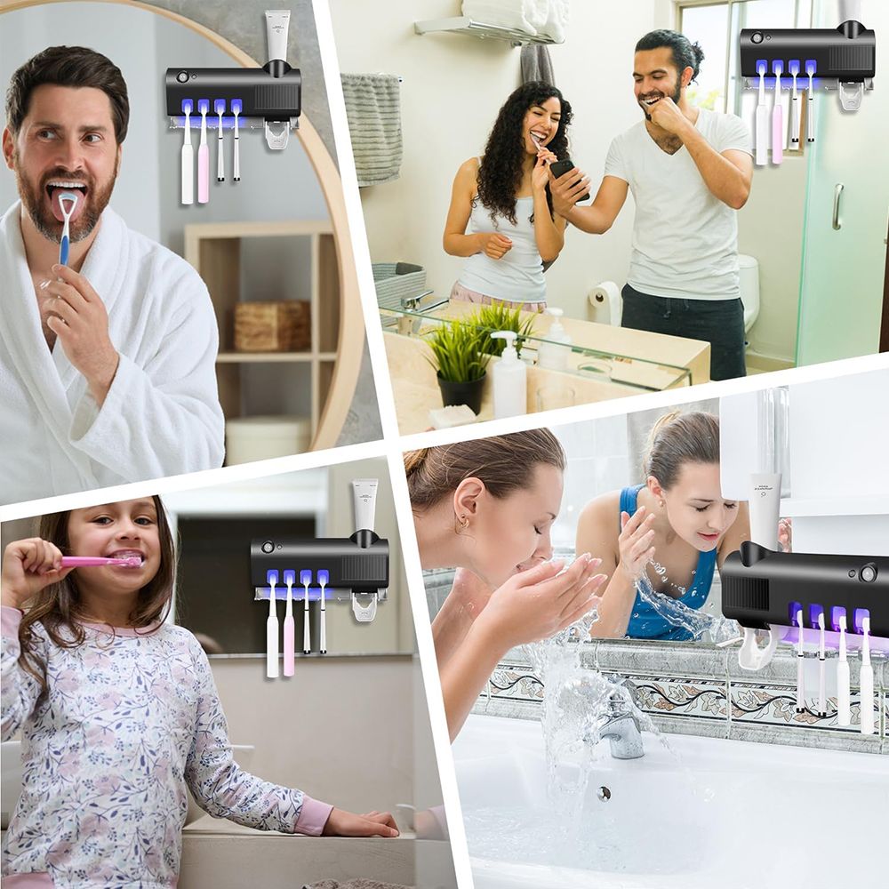 Automatic Wall Mounted Toothpaste Dispenser UV Toothbrush Holder Toothbrush Steriliser Solar Charge Toothpaste Dispenser for Bathroom