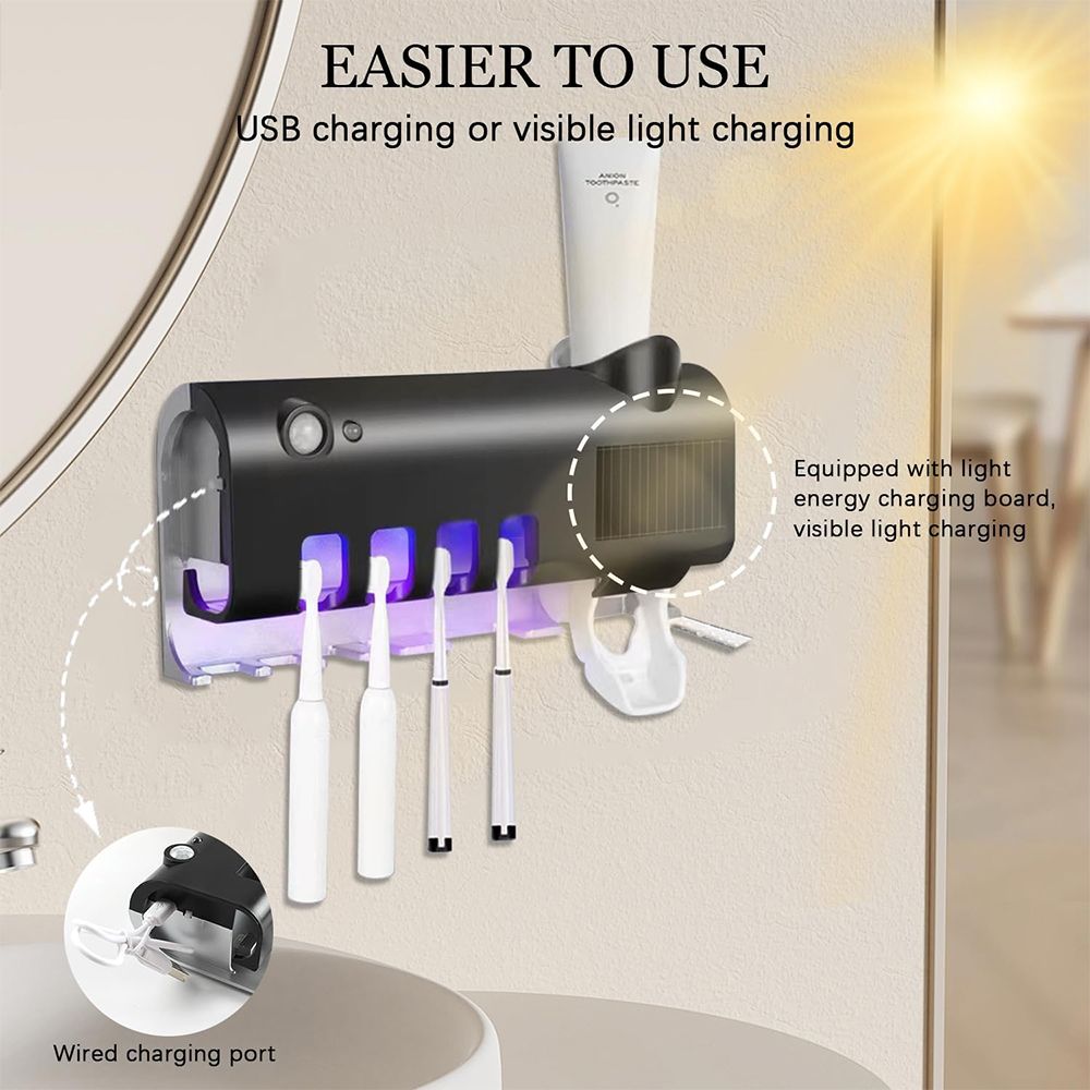 Automatic Wall Mounted Toothpaste Dispenser UV Toothbrush Holder Toothbrush Steriliser Solar Charge Toothpaste Dispenser for Bathroom