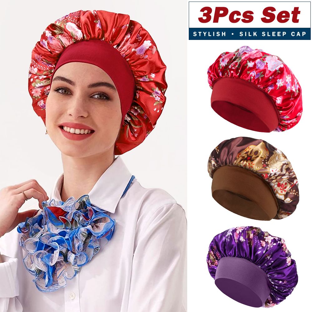 3Pcs Satin Bonnet Silk Hat Hair Bonnet Sleeping Elastic Wide Band Silk Sleep Cap Soft Breathable Silk Hair Wrap Sleeping Headwraps 3pcs