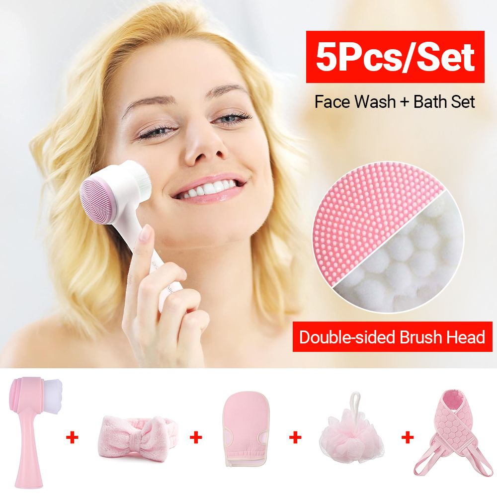 Double-Sided Silicone Face Cleansing Brush + Body Scrubber Facial Cleanser Blackhead Removal Product Pore Cleaner Exfoliator Face Scrub Brush Back Massage Exfoliating Sponge Bathroom Bath Brush Scrub Pink