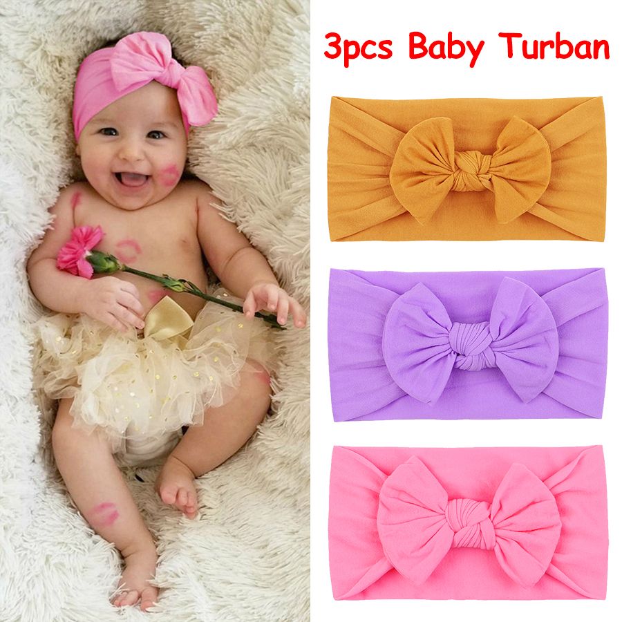 3pcs Baby Hair Bands Girls Turban Nylon Headbands  Headwraps Newborn Soft Elastic Hair Bow Hairbands Headwear Infant Toddlers Kids