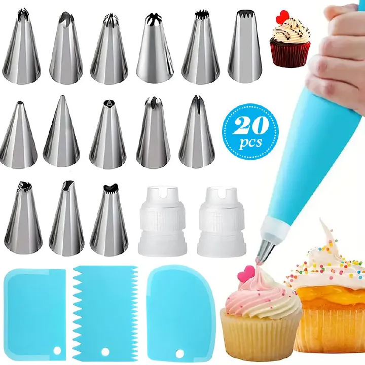 20Pcs/Set DIY Cake Set Decorating Tools Flower Icing Piping Nozzle Piping Bag Pastry Spouts Cream Cupcake Tips Cupcake Cookies Couplers Baking Accessories