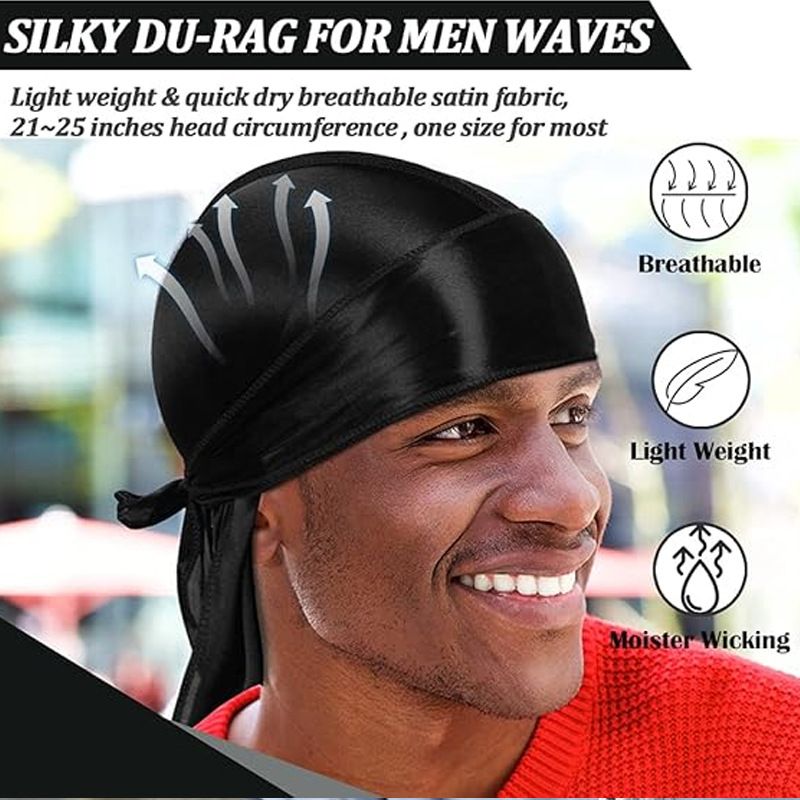 Silk Durag Men Waves Doo Rag Long Tail Headwrap Silk Wave Durag Chemo Cap Satin Doo Rag for 360 Waves