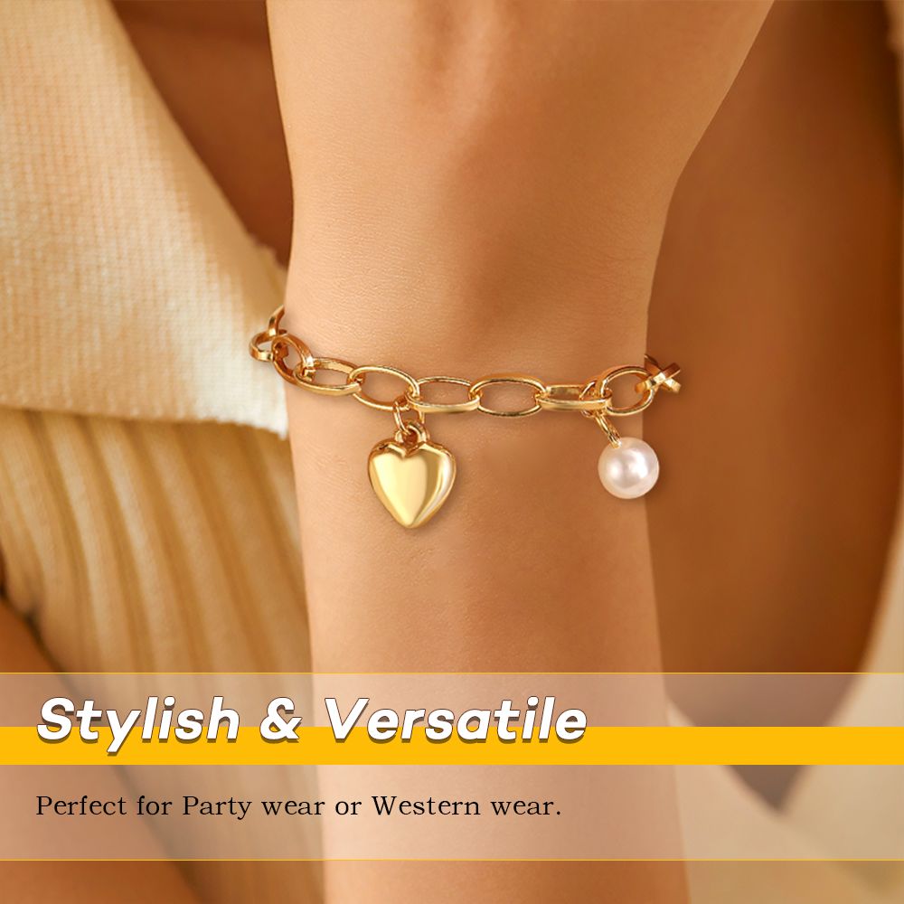 Ladies Love Heart Chain Heart Bracelet Women’s Link Bracelets Vintage Pearl Classic Chain Bracelet Bangle