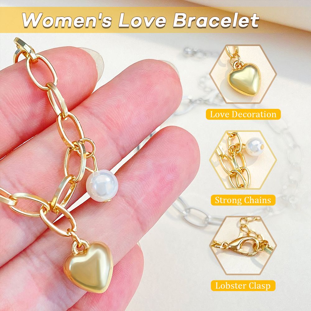 Ladies Love Heart Chain Heart Bracelet Women’s Link Bracelets Vintage Pearl Classic Chain Bracelet Bangle