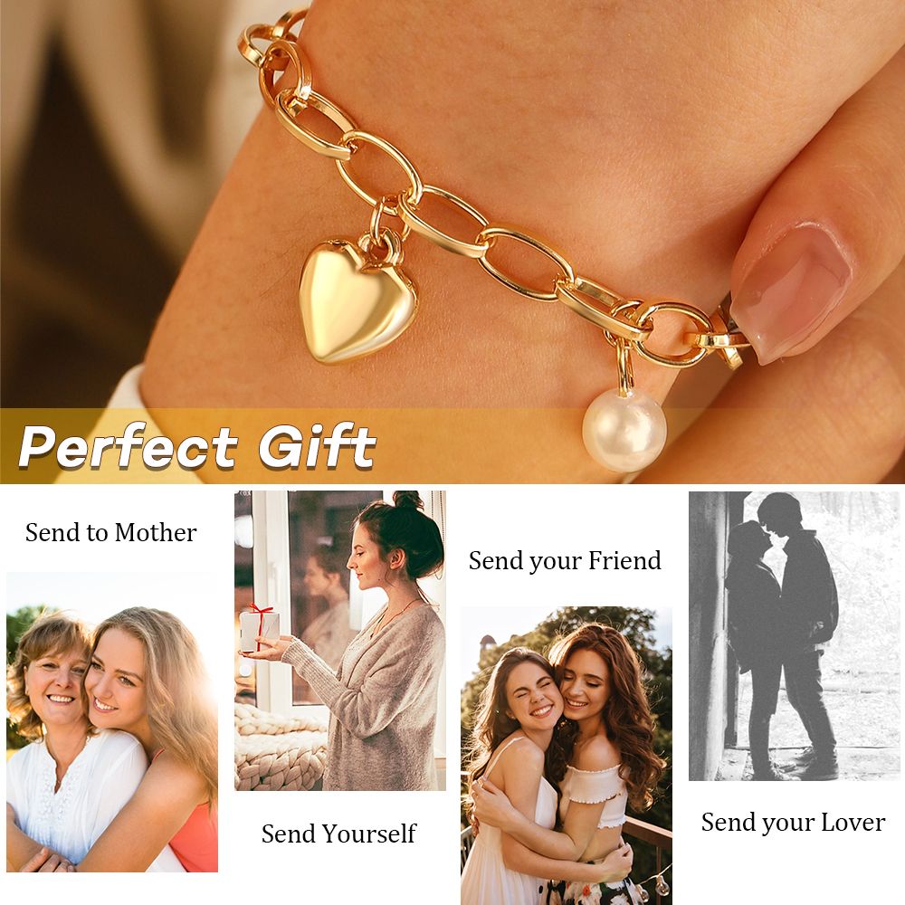 Ladies Love Heart Chain Heart Bracelet Women’s Link Bracelets Vintage Pearl Classic Chain Bracelet Bangle
