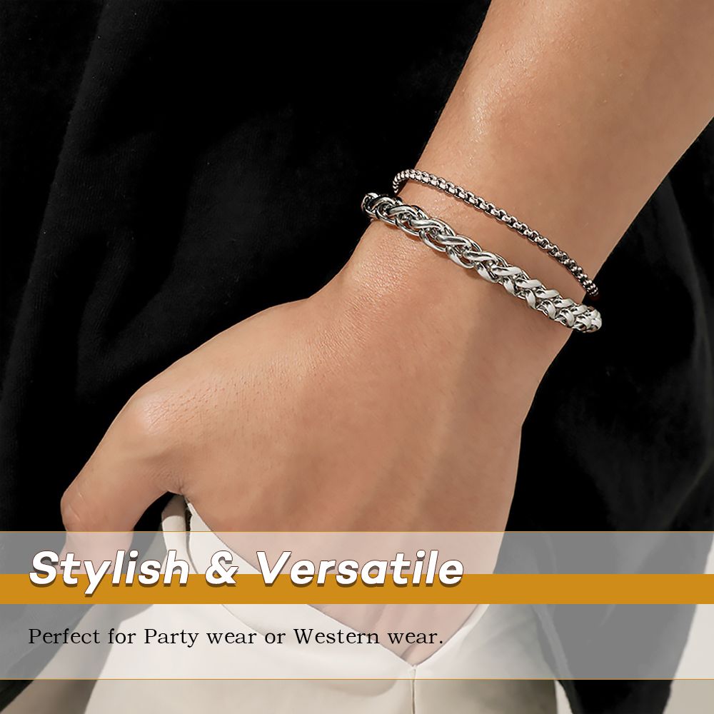 Men Bracelet Women Stainless Steel Anklet Classic Double Twist Chain - Silver