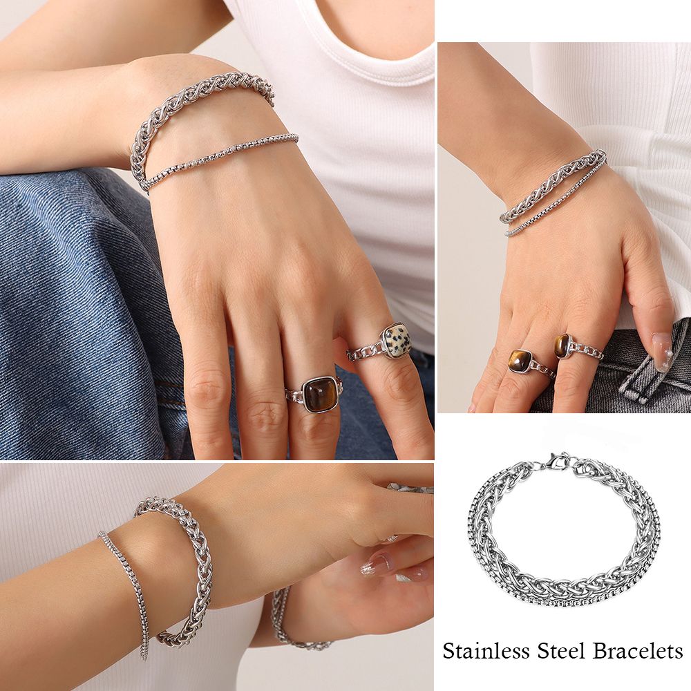 Men Bracelet Women Stainless Steel Anklet Classic Double Twist Chain - Silver