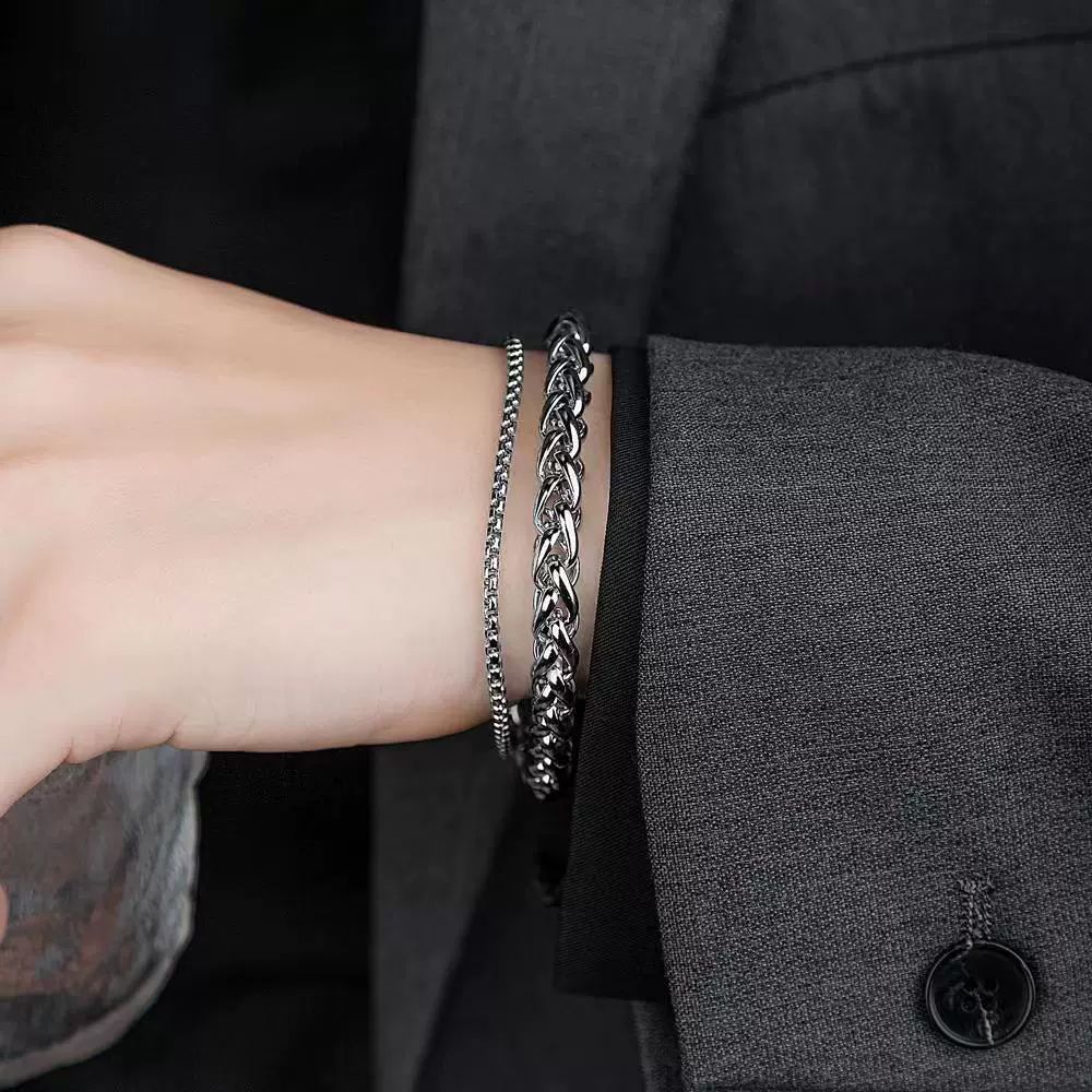 Men Bracelet Women Stainless Steel Anklet Classic Double Twist Chain - Silver