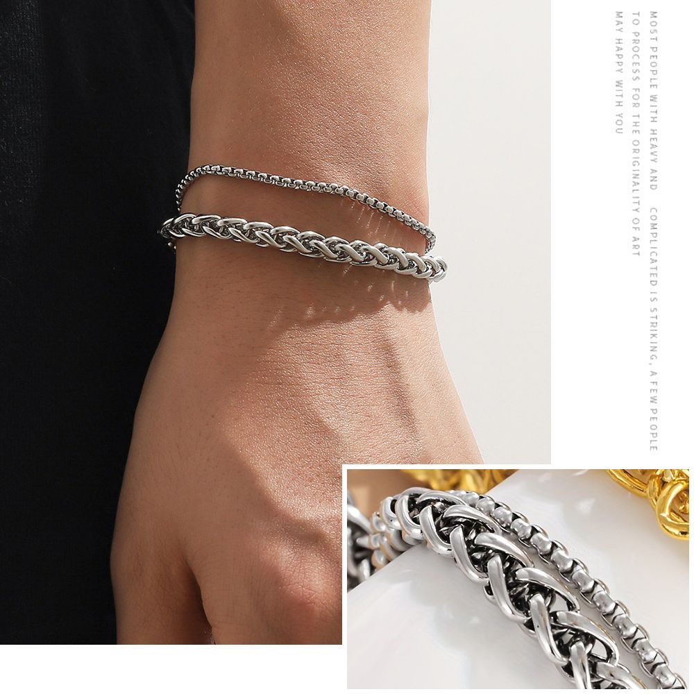 Men Bracelet Women Stainless Steel Anklet Classic Double Twist Chain - Silver