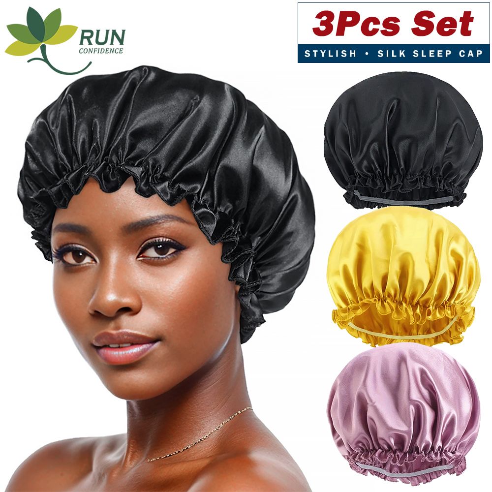 3Pcs Satin Bonnet Silk Hat Hair Bonnet Sleeping Elastic Wide Band Silk Sleep Cap Soft Breathable Silk Hair Wrap Sleeping Headwraps