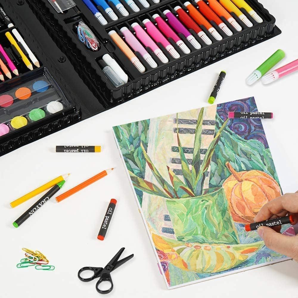 140 piece Children Art Painting Set Paintbrush Crayons Oil Pastels Colored Pencil Oil Painting Stick Watercolor Pen Drawing Kit Best Gift for Kids (140Pcs -Black)