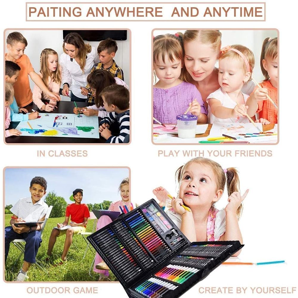 140 piece Children Art Painting Set Paintbrush Crayons Oil Pastels Colored Pencil Oil Painting Stick Watercolor Pen Drawing Kit Best Gift for Kids (140Pcs -Black)