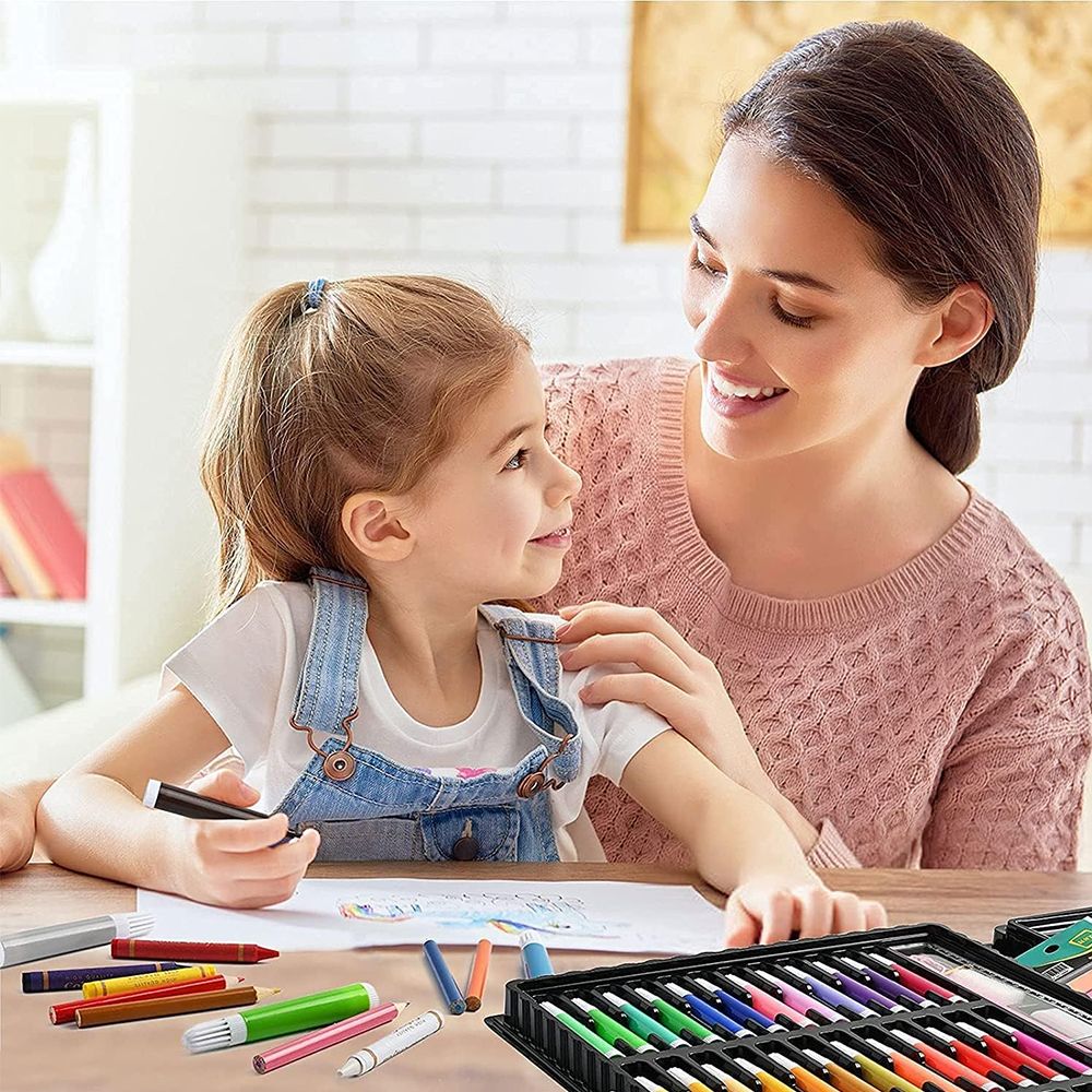 140 piece Children Art Painting Set Paintbrush Crayons Oil Pastels Colored Pencil Oil Painting Stick Watercolor Pen Drawing Kit Best Gift for Kids (140Pcs -Black)