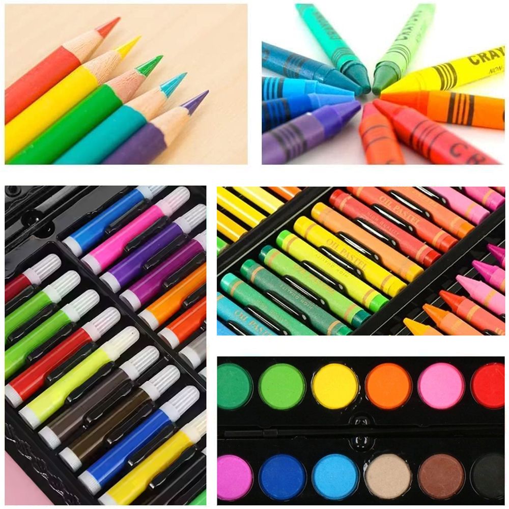 140 piece Children Art Painting Set Paintbrush Crayons Oil Pastels Colored Pencil Oil Painting Stick Watercolor Pen Drawing Kit Best Gift for Kids (140Pcs -Black)