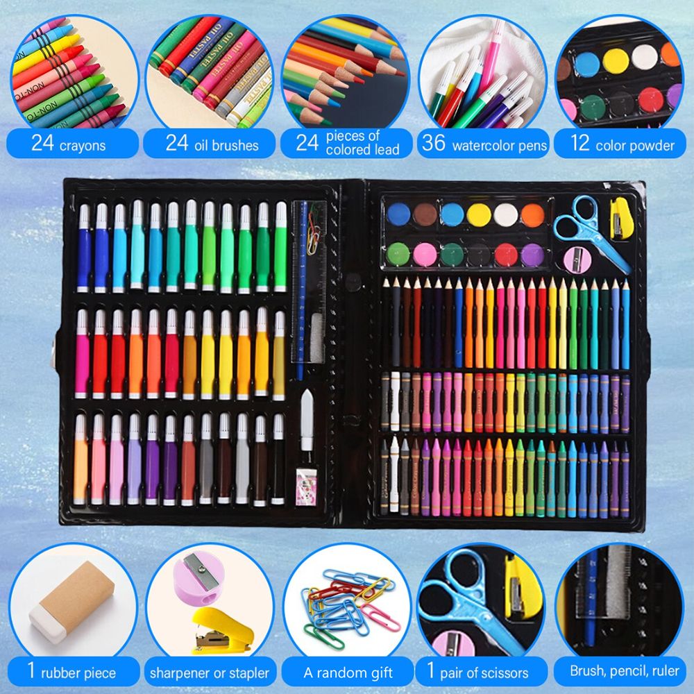 140 piece Children Art Painting Set Paintbrush Crayons Oil Pastels Colored Pencil Oil Painting Stick Watercolor Pen Drawing Kit Best Gift for Kids (140Pcs -Black)
