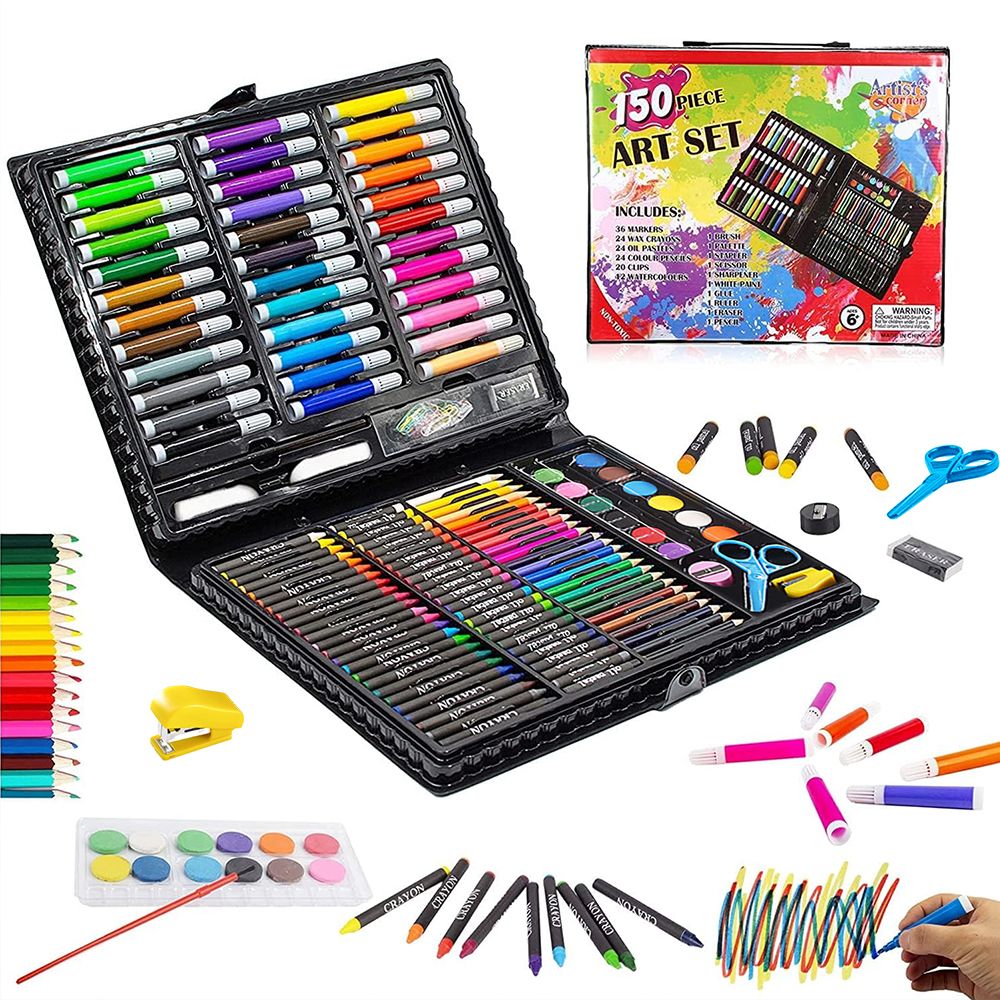 140 piece Children Art Painting Set Paintbrush Crayons Oil Pastels Colored Pencil Oil Painting Stick Watercolor Pen Drawing Kit Best Gift for Kids (140Pcs -Black)