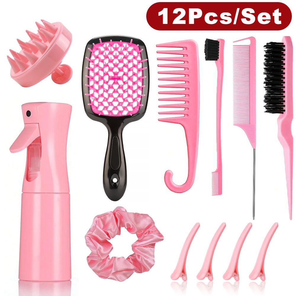 12 Pieces/set of Hair Styling Comb Set Spray Bottle Silicone Scalp Massager Shower Shampoo Brush Tail Comb Edge Brush Hairdressing Tool Set