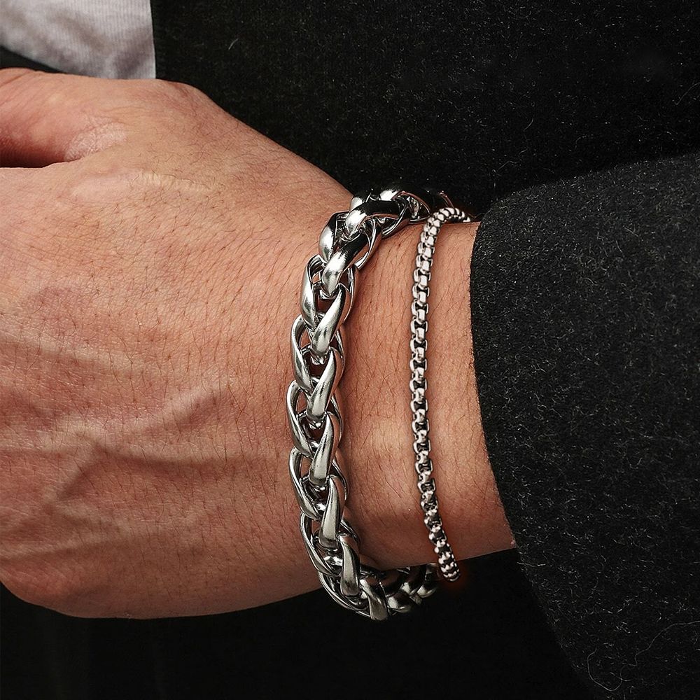 Men Bracelet Women Stainless Steel Anklet Classic Double Twist Chain - Silver
