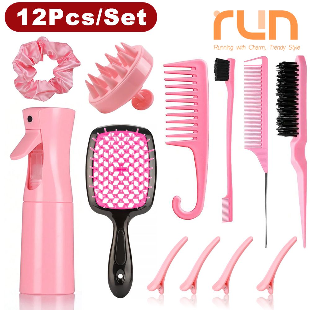 12 Pieces/set of Hair Styling Comb Set Spray Bottle Silicone Scalp Massager Shower Shampoo Brush Tail Comb Edge Brush Hairdressing Tool Set
