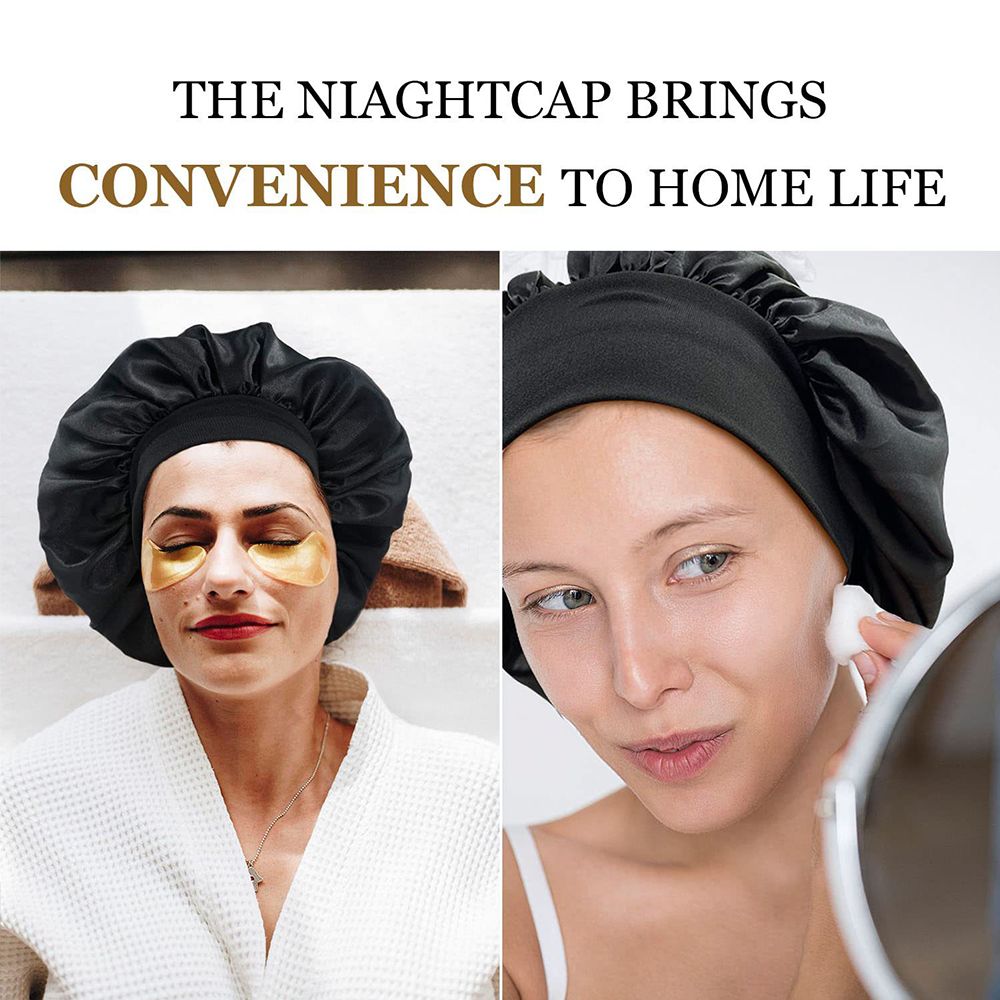 Satin Elastic Night Cap Breathable Sleeping Hat Soft and Comfortable Bonnet Silk Hair Wrap for Sleeping Black & Leopard Print
