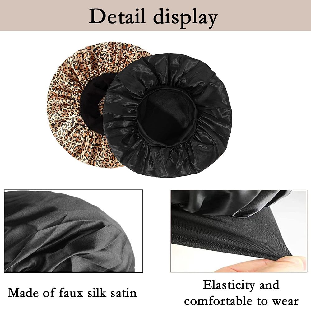 Satin Elastic Night Cap Breathable Sleeping Hat Soft and Comfortable Bonnet Silk Hair Wrap for Sleeping Black & Leopard Print