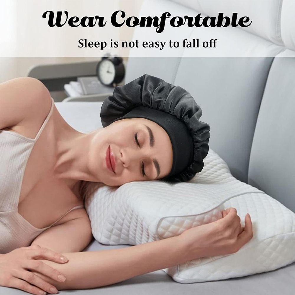 Satin Elastic Night Cap Breathable Sleeping Hat Soft and Comfortable Bonnet Silk Hair Wrap for Sleeping Black & Leopard Print
