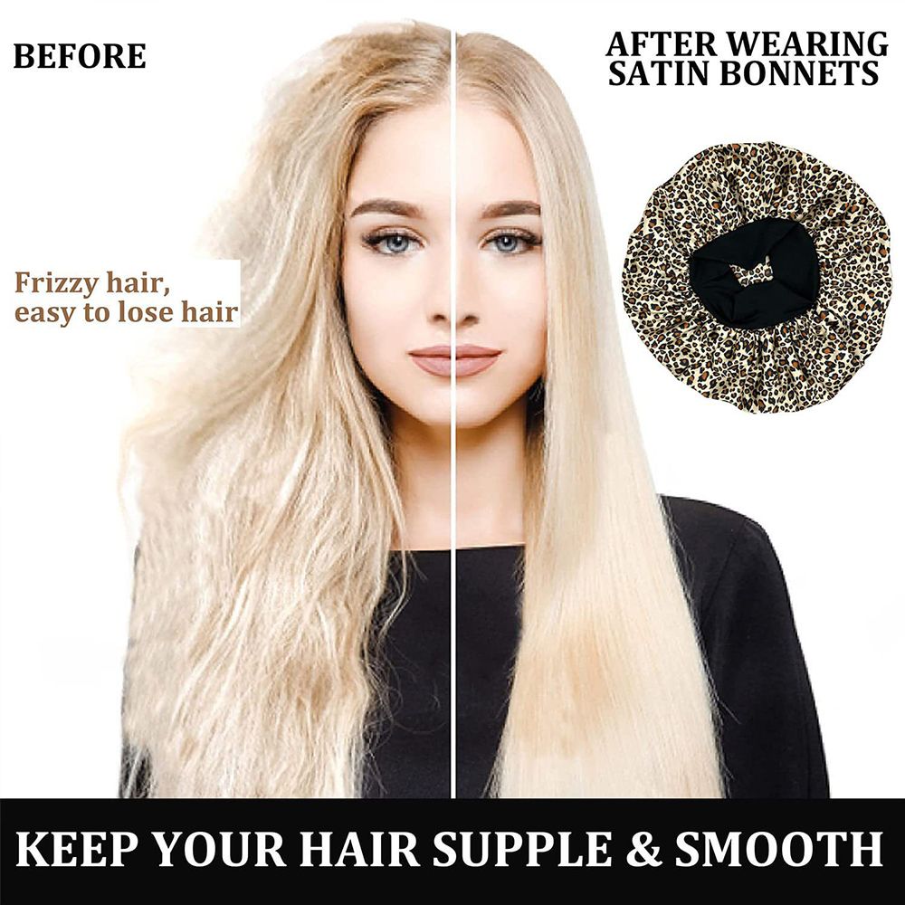 Satin Elastic Night Cap Breathable Sleeping Hat Soft and Comfortable Bonnet Silk Hair Wrap for Sleeping Black & Leopard Print
