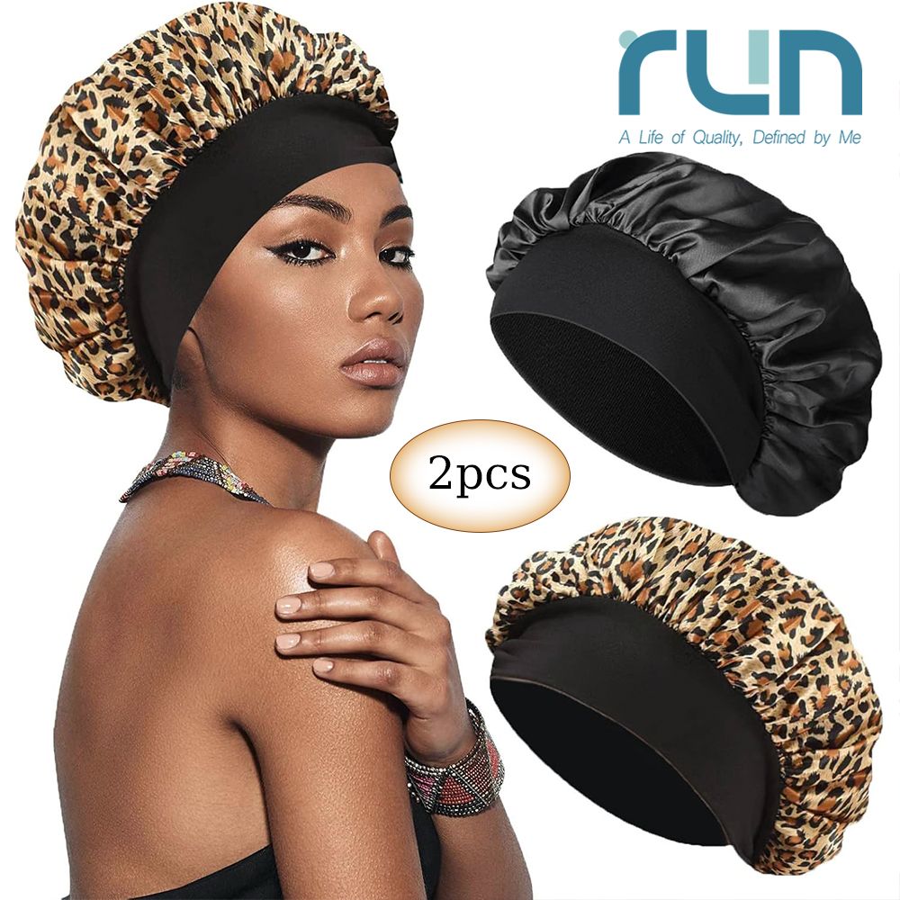 Satin Elastic Night Cap Breathable Sleeping Hat Soft and Comfortable Bonnet Silk Hair Wrap for Sleeping Black & Leopard Print