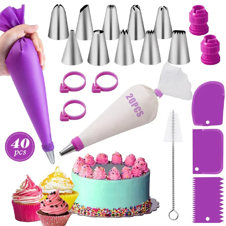 40Pcs/Set Cake Decorating DIY Kit Piping Nozzle Silicone Reusable Pastry Bag Set Flower Icing Piping Spouts Stainless Steel Piping Tip Sac a Poche Couplers Baking Accessories