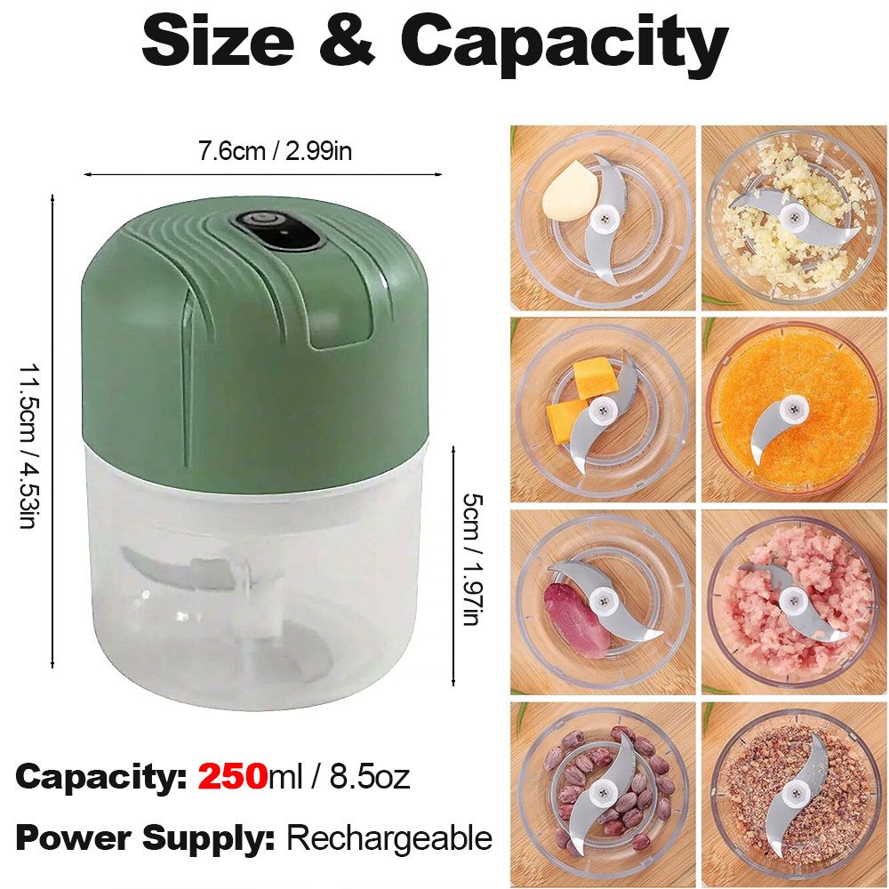 250ml Electric Garlic Chopper Portable Food Crusher Multifunctional Kitchen Mincer Vegetable Onion Chopper Press Blender Fruit Nut Meat Chilli Grinder Seasoning Spice Tools