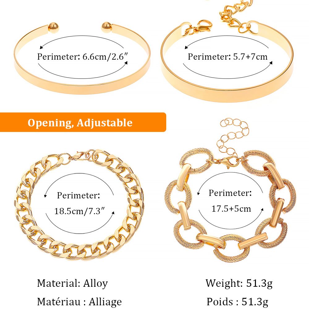 Women's Gold Plated Chunky Bracelet Set Adjustable Layered Cuff Bangle & Chain Multi-Design Jewelry