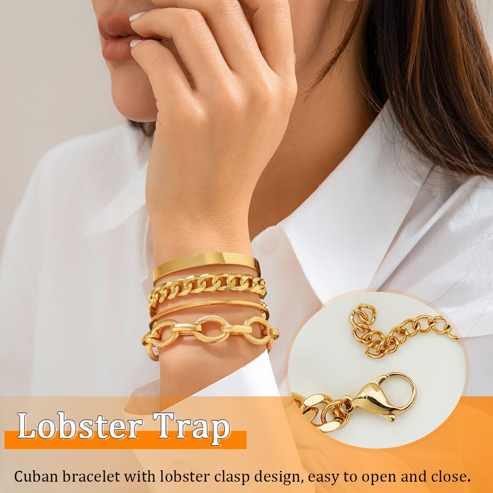 Women's Gold Plated Chunky Bracelet Set Adjustable Layered Cuff Bangle & Chain Multi-Design Jewelry