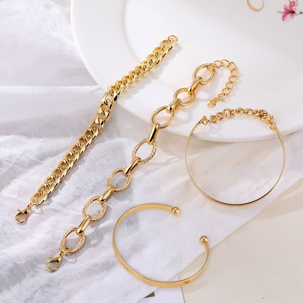 Women's Gold Plated Chunky Bracelet Set Adjustable Layered Cuff Bangle & Chain Multi-Design Jewelry