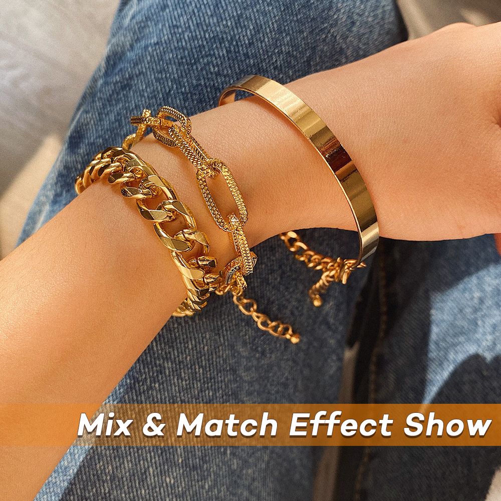 Women's Gold Plated Chunky Bracelet Set Adjustable Layered Cuff Bangle & Chain Multi-Design Jewelry