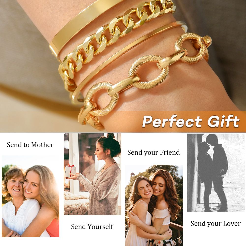 Women's Gold Plated Chunky Bracelet Set Adjustable Layered Cuff Bangle & Chain Multi-Design Jewelry