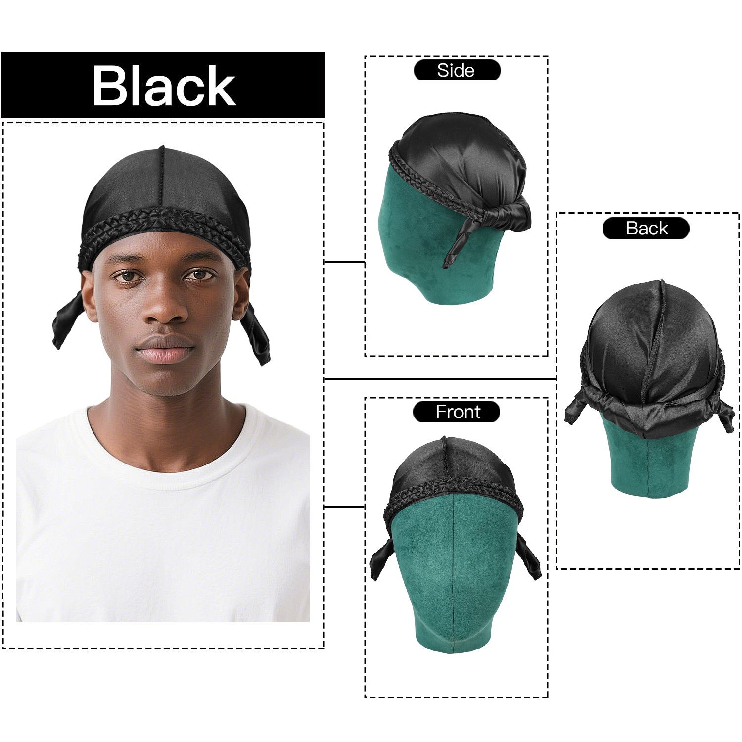 Durag for Men Silk Satin Lined Head Wraps Solid Color Long Tail Lightweight Headwraps Pirates Doo Rag