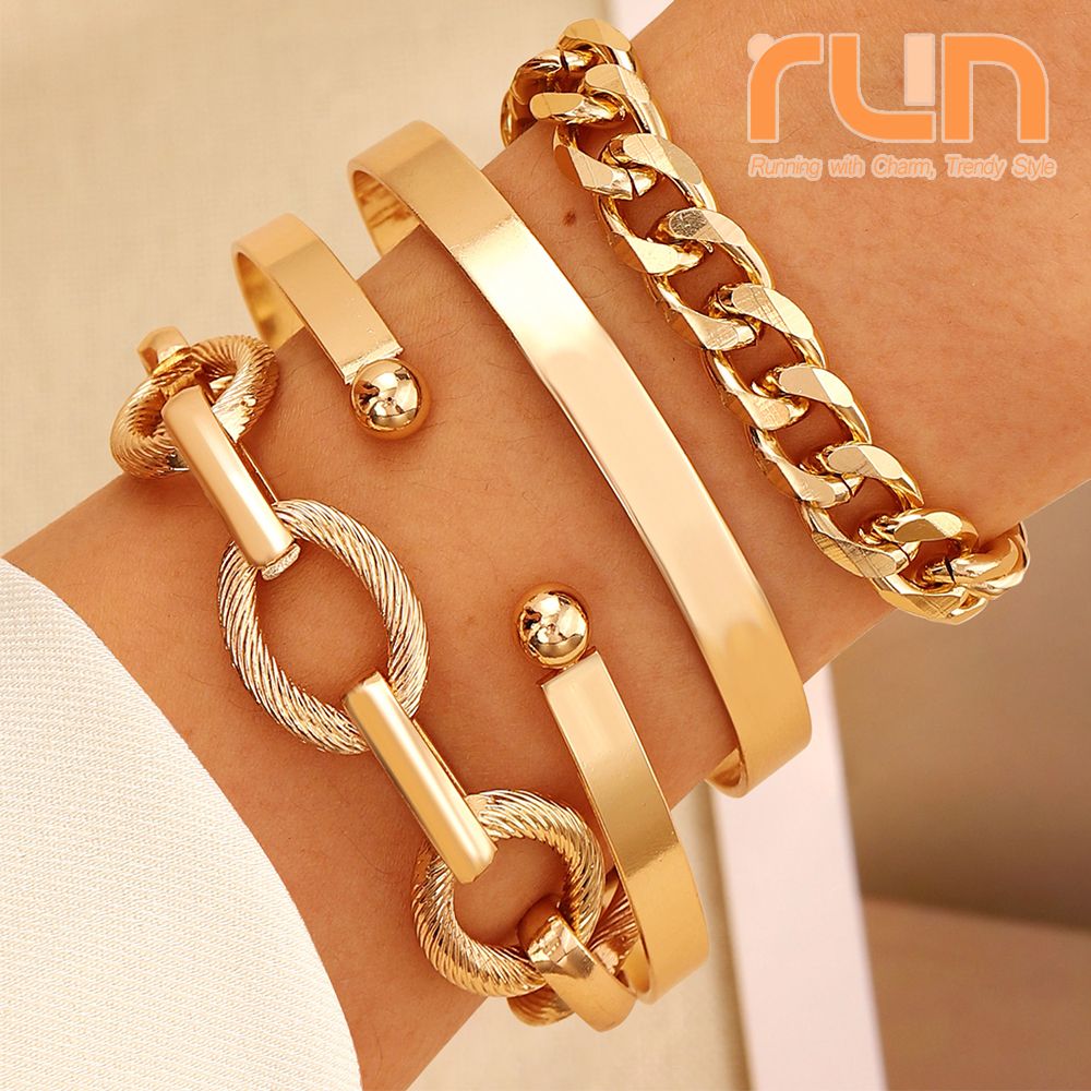 Women's Gold Plated Chunky Bracelet Set Adjustable Layered Cuff Bangle & Chain Multi-Design Jewelry