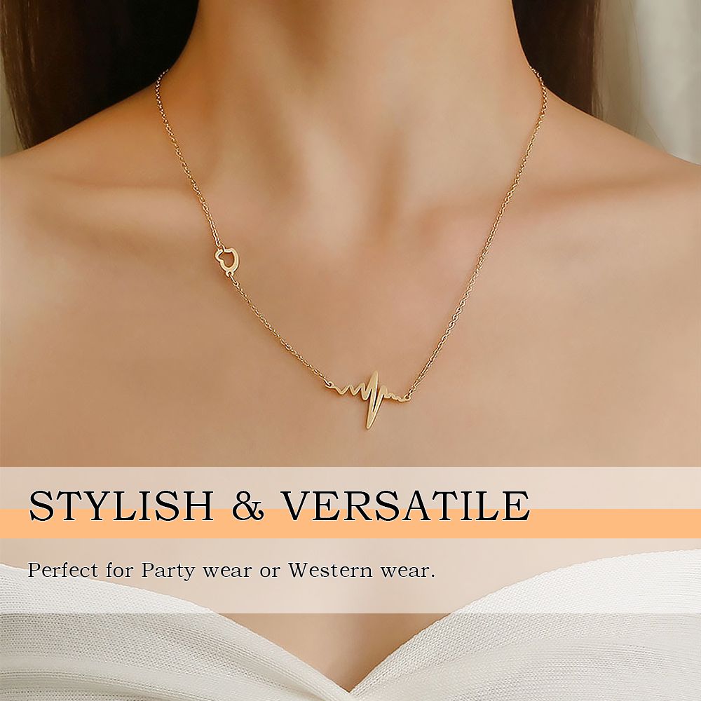 Women Necklace Ladies Heartbeat Rhythm Pendant Locket Stylish Chain - Gold