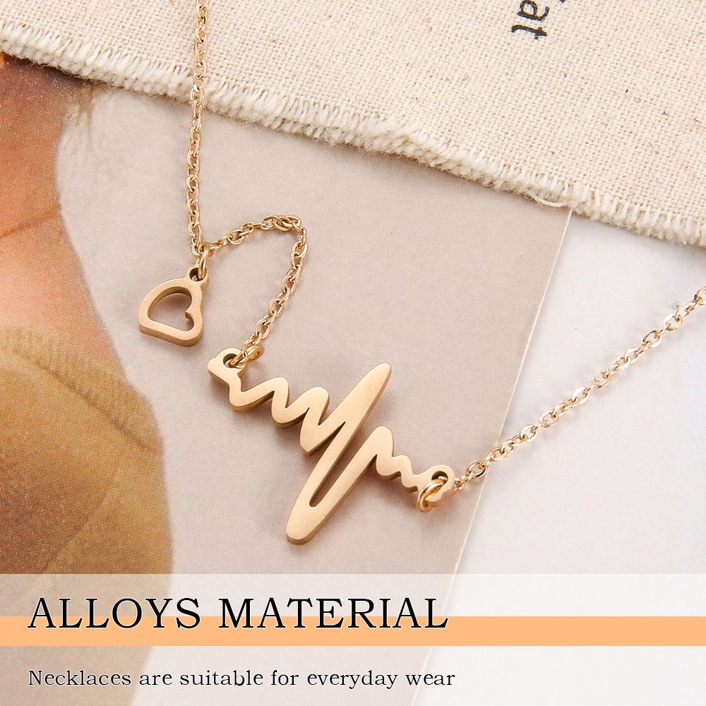 Women Necklace Ladies Heartbeat Rhythm Pendant Locket Stylish Chain - Gold
