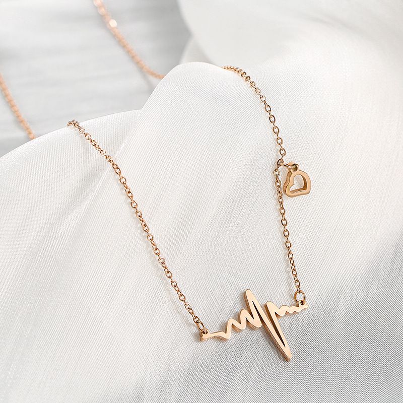 Women Necklace Ladies Heartbeat Rhythm Pendant Locket Stylish Chain - Gold