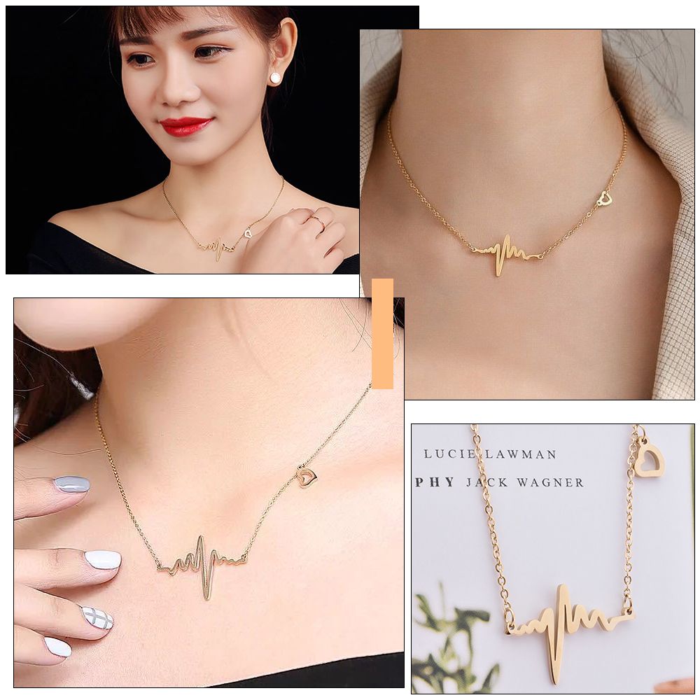 Women Necklace Ladies Heartbeat Rhythm Pendant Locket Stylish Chain - Gold