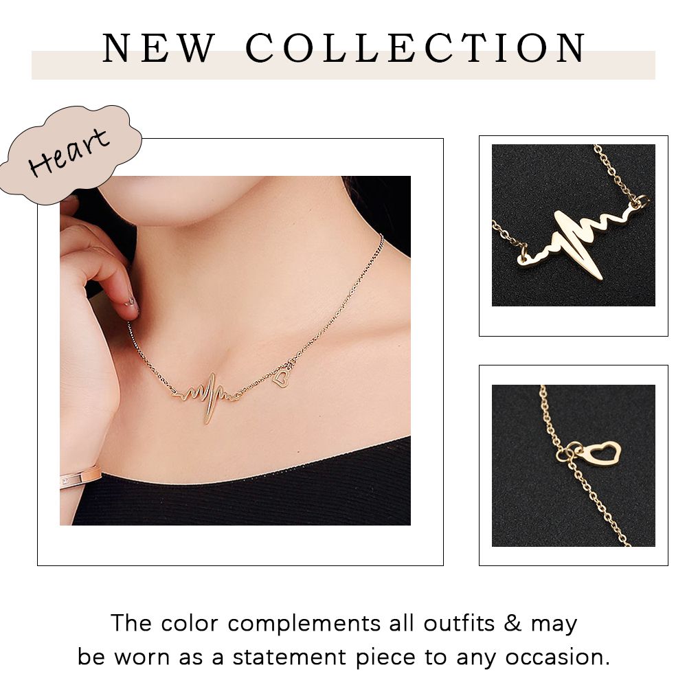 Women Necklace Ladies Heartbeat Rhythm Pendant Locket Stylish Chain - Gold