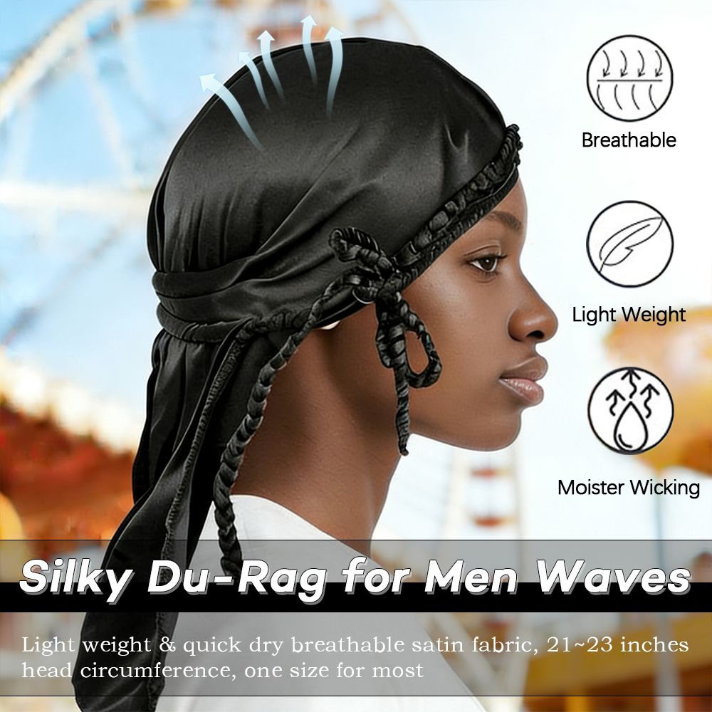 Durag for Men Silk Satin Lined Head Wraps Solid Color Long Tail Lightweight Headwraps Pirates Doo Rag