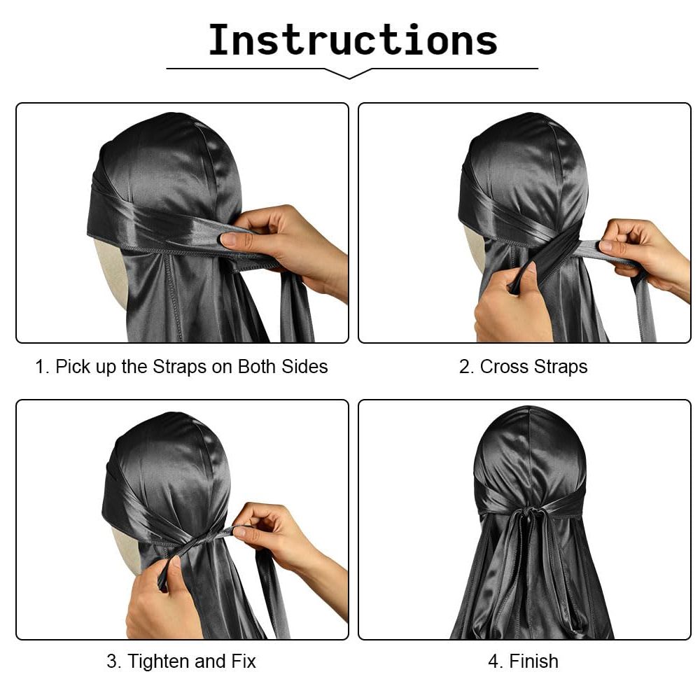 Durag for Men Silk Satin Lined Head Wraps Solid Color Long Tail Lightweight Headwraps Pirates Doo Rag