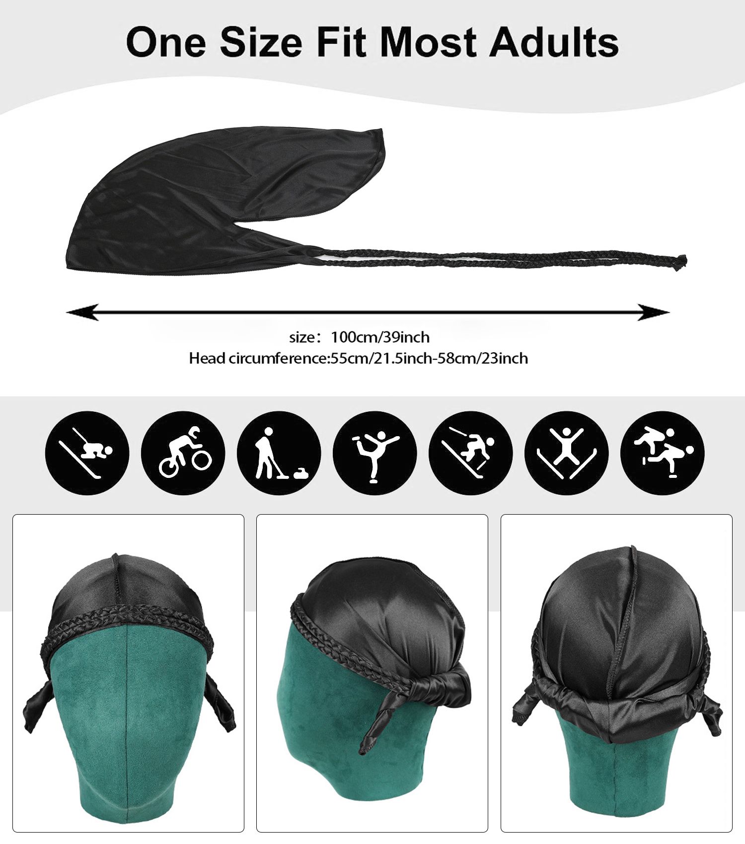 Durag for Men Silk Satin Lined Head Wraps Solid Color Long Tail Lightweight Headwraps Pirates Doo Rag