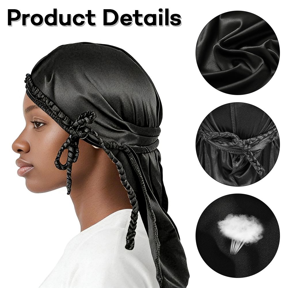 Durag for Men Silk Satin Lined Head Wraps Solid Color Long Tail Lightweight Headwraps Pirates Doo Rag