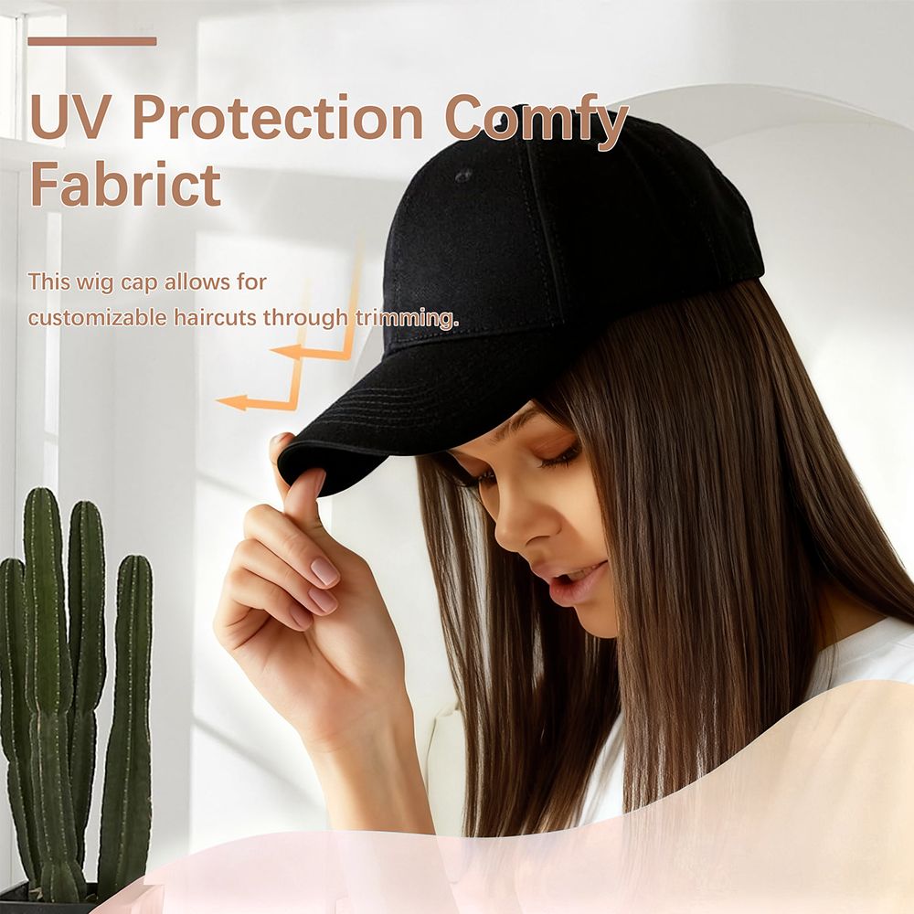 Women’s Wig Cap 2-in-1 Baseball Cap with Built-in Long Straight Brown Wig – Black Hat, Female Adjustable Fashion Cap Natural Hair for Lady, Instant Volume