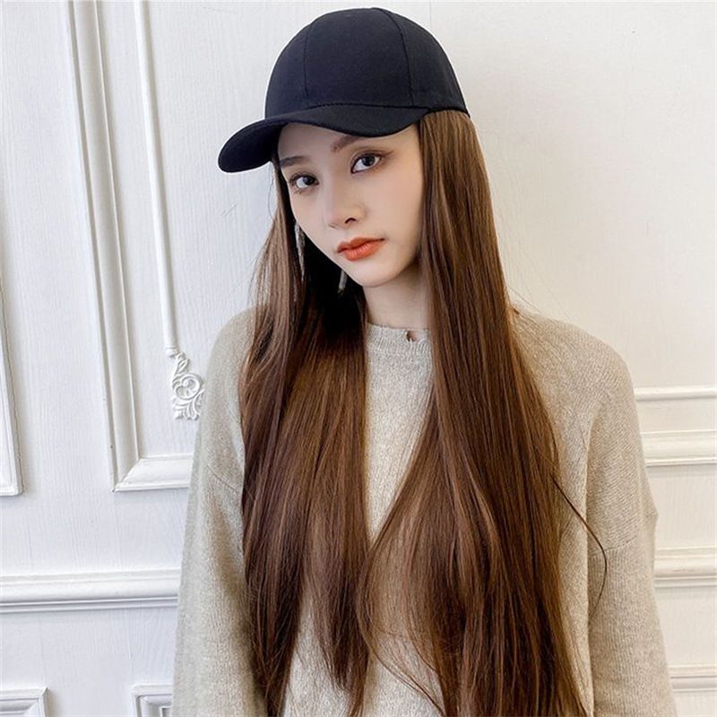 Women’s Wig Cap 2-in-1 Baseball Cap with Built-in Long Straight Brown Wig – Black Hat, Female Adjustable Fashion Cap Natural Hair for Lady, Instant Volume