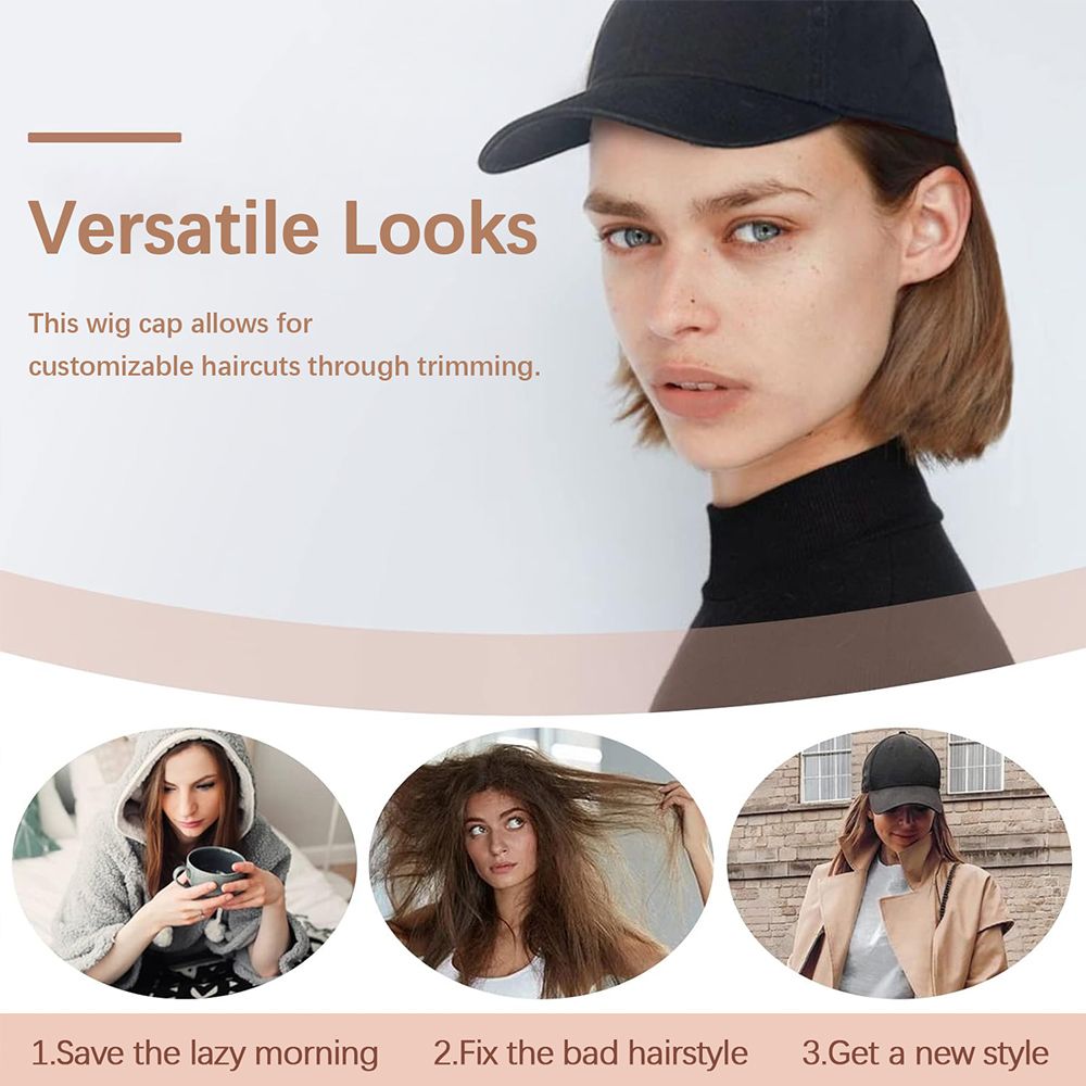 Women’s Wig Cap 2-in-1 Baseball Cap with Built-in Long Straight Brown Wig – Black Hat, Female Adjustable Fashion Cap Natural Hair for Lady, Instant Volume